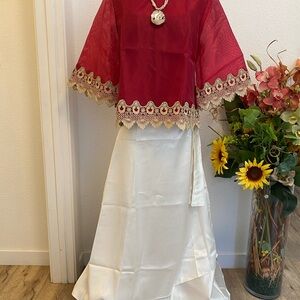 Red Filipiniana L Kimona Top With Gold Embroided Lace & Cream Wrap Around Skirt